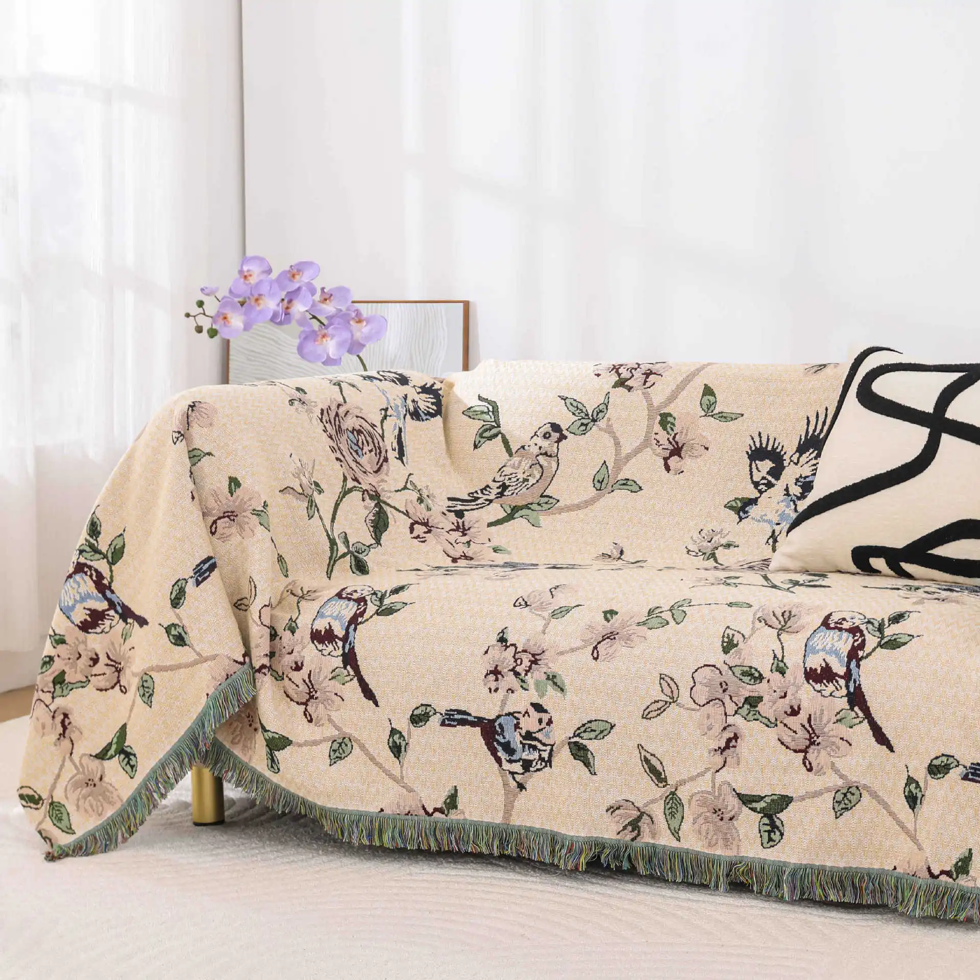 

Birds Flower Cotton Blanket Bedspread with Tassel on the Sofa Beds 200*230 150*200 High Quality Yarn-dyed Jacquard