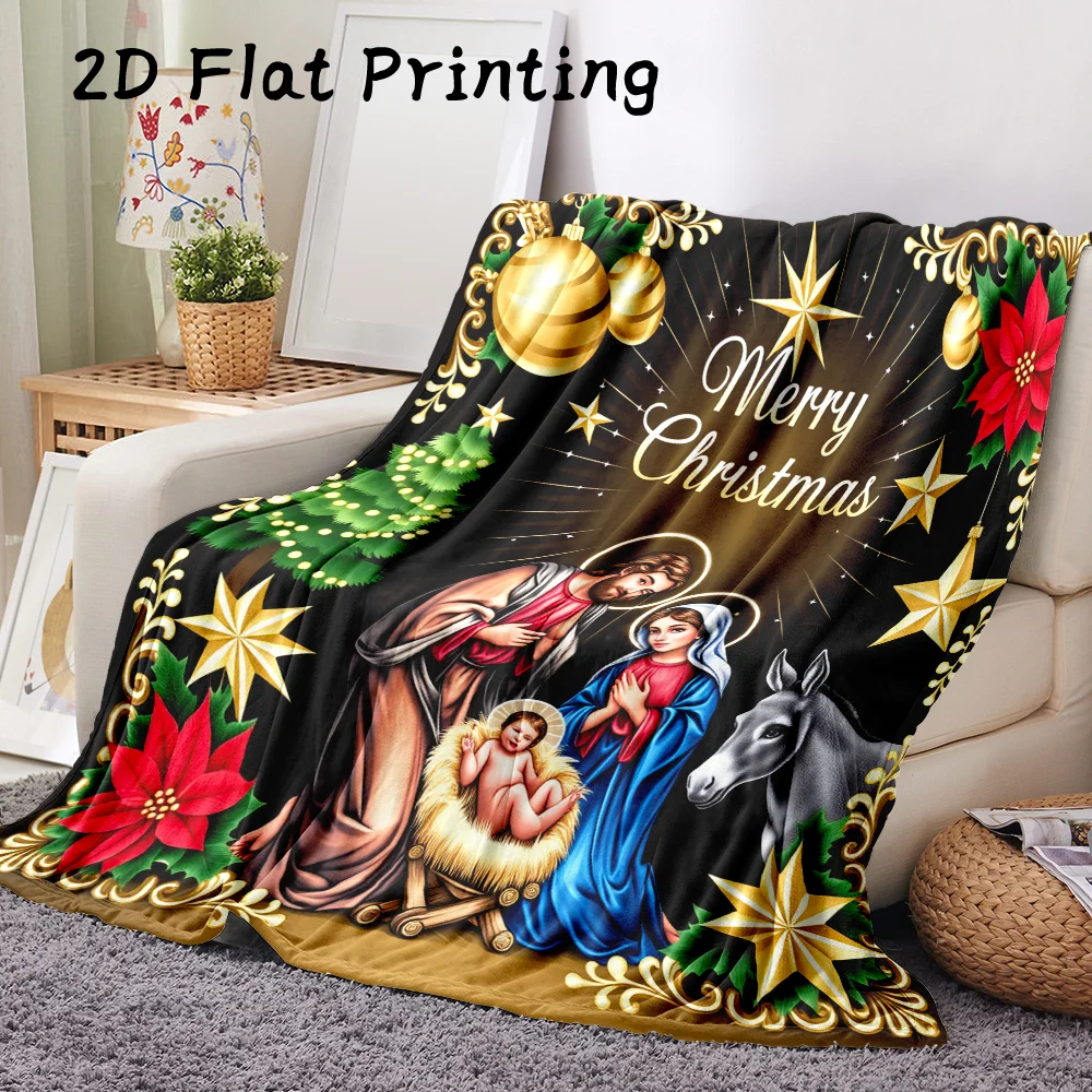 1PC 2D flat-printed Nativity scene flannel blanket, ultra-soft — Christmas decorations, holiday parties, everyday use, and gifts