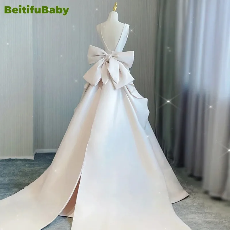 BeitifuBaby Vintage Satin Wedding Dress Yarn V-neck Sleeveless Detachable Bow Train Long Skirts Party Dresses for Women Vestidos