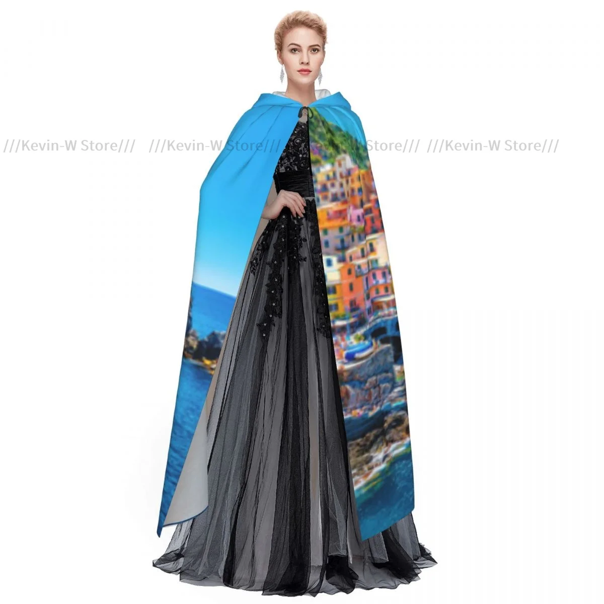 Unisex Witch Party Reversible Hooded Adult Vampires Cape Cloak Colorful Cityscape Over Mediterranean Sea Europe Cinque Terre