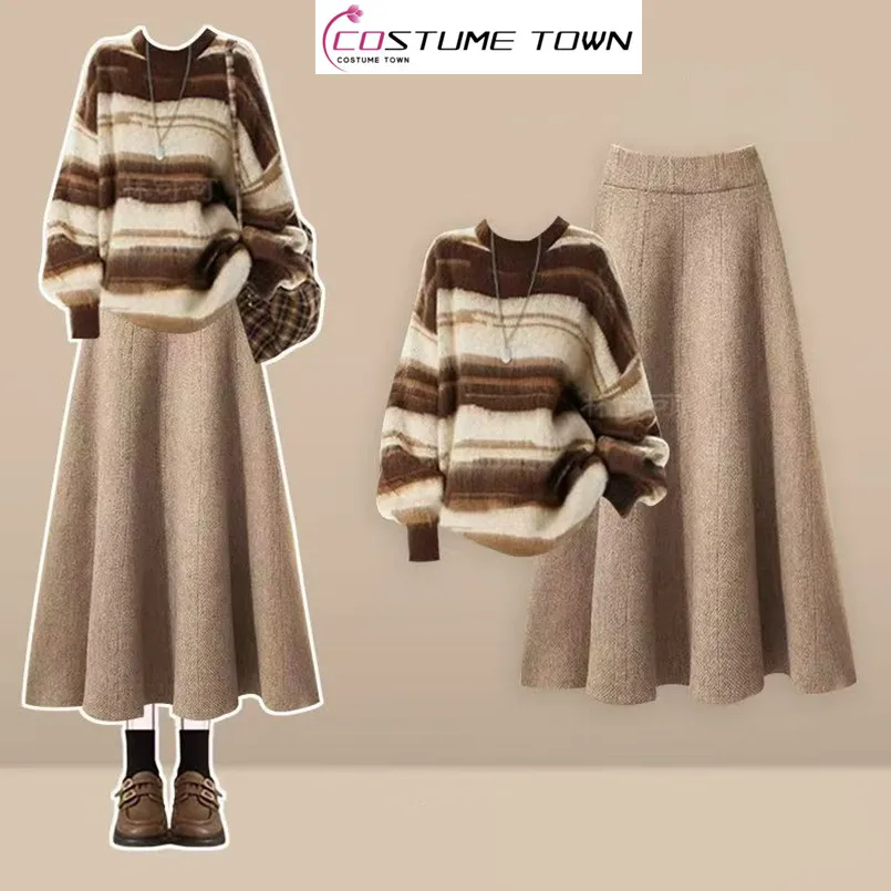

Autumn and Winter New Round Neck Temperament Sweater+simple Half Skirt Elegant Women's Two-piece Set