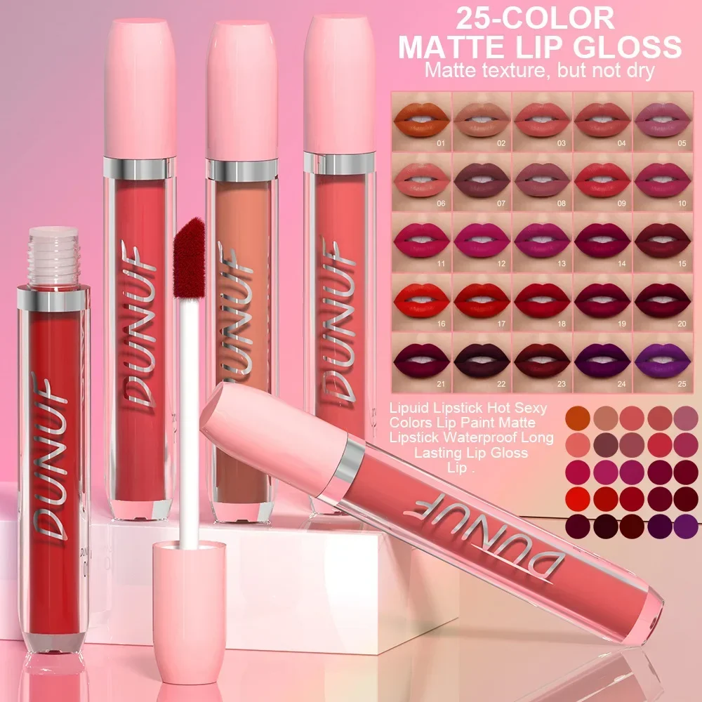 DUNUF Nude Liquid Lipsticks Waterproof Velvet Matte Lip Gloss Long Lasting Non-stick Cup Lip Tint Makeup Pigment Cosmetics