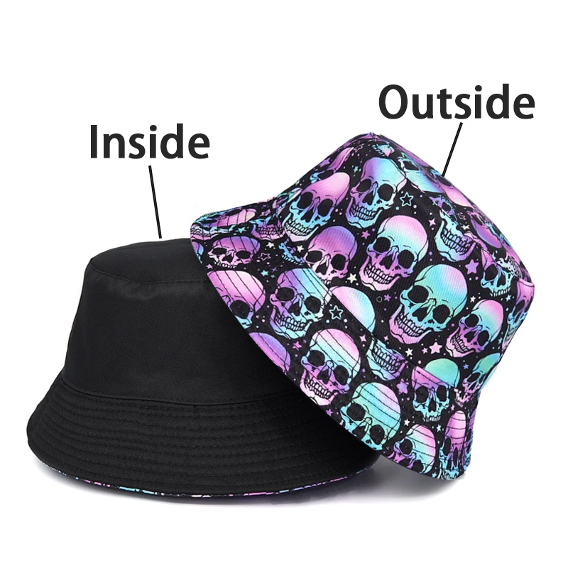 Bocca Skull Bucket Hat Colorful Cartoon Skull Pattern Fisherman Hats Double Sides Panama Cap Travel Outdoor Sunscreen Sunshade