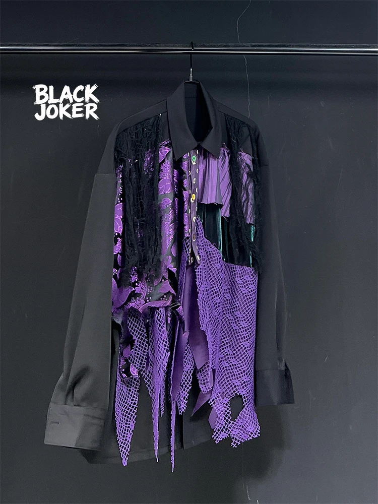 BLACK JOKER Original design new arrival purple multi-material patchwork loose-fit casual long-sleeve shirt