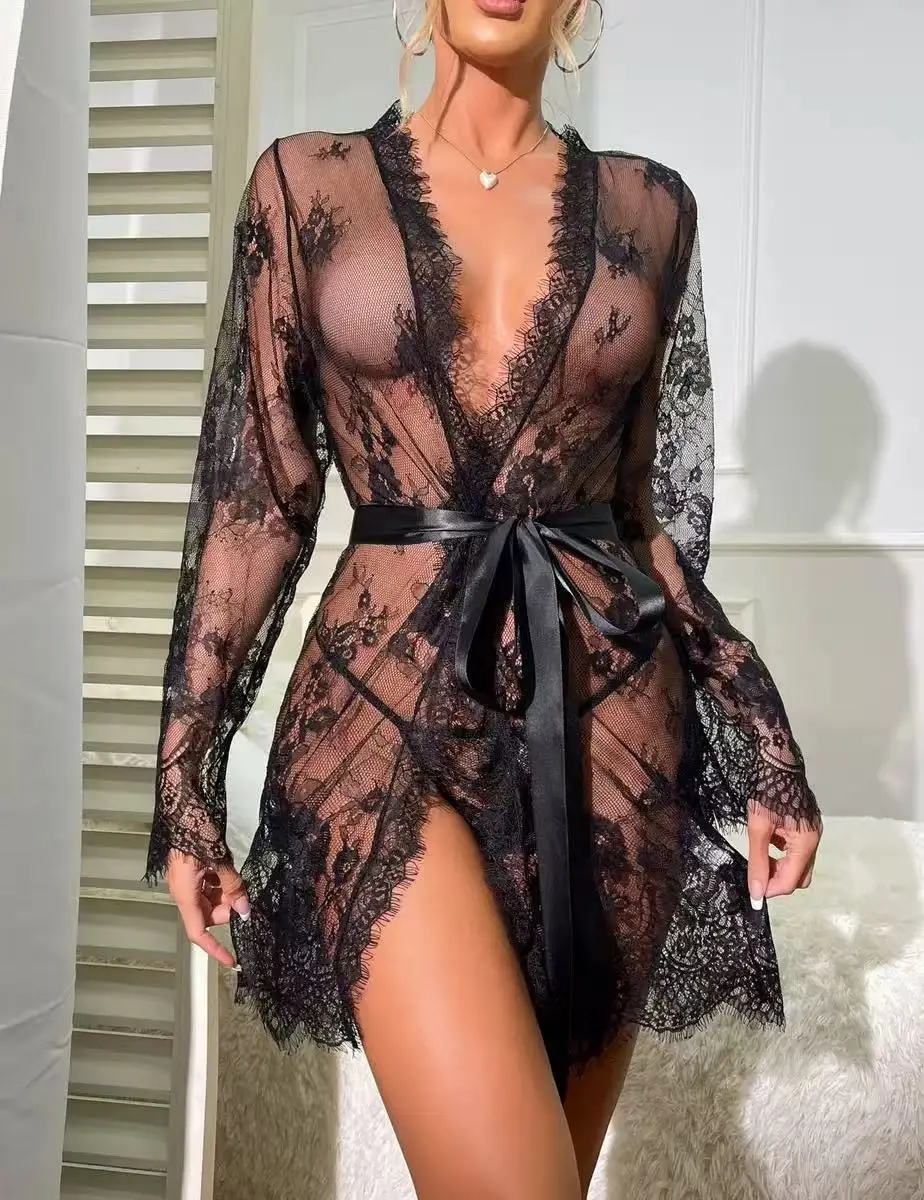 セクシーなシースルーメッシュレースセクシーなナイトガウンヨーロッパとアメリカンスタイルのいちゃつく誘惑の弓