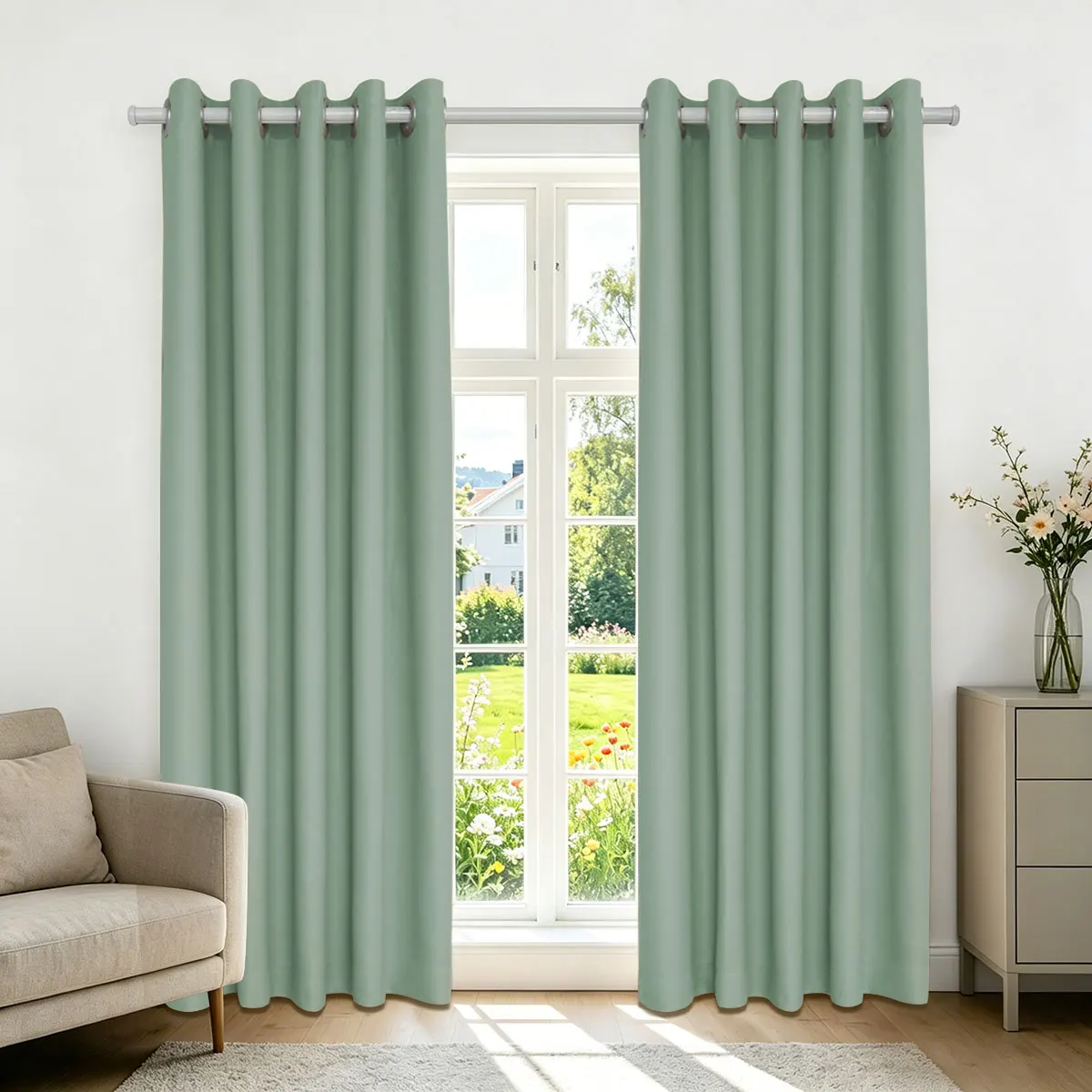 Green High Density Blackout Curtains, Eyelet Punch Hole Solid Window Drapes for Bedroom Living Room Nordic Home Decor