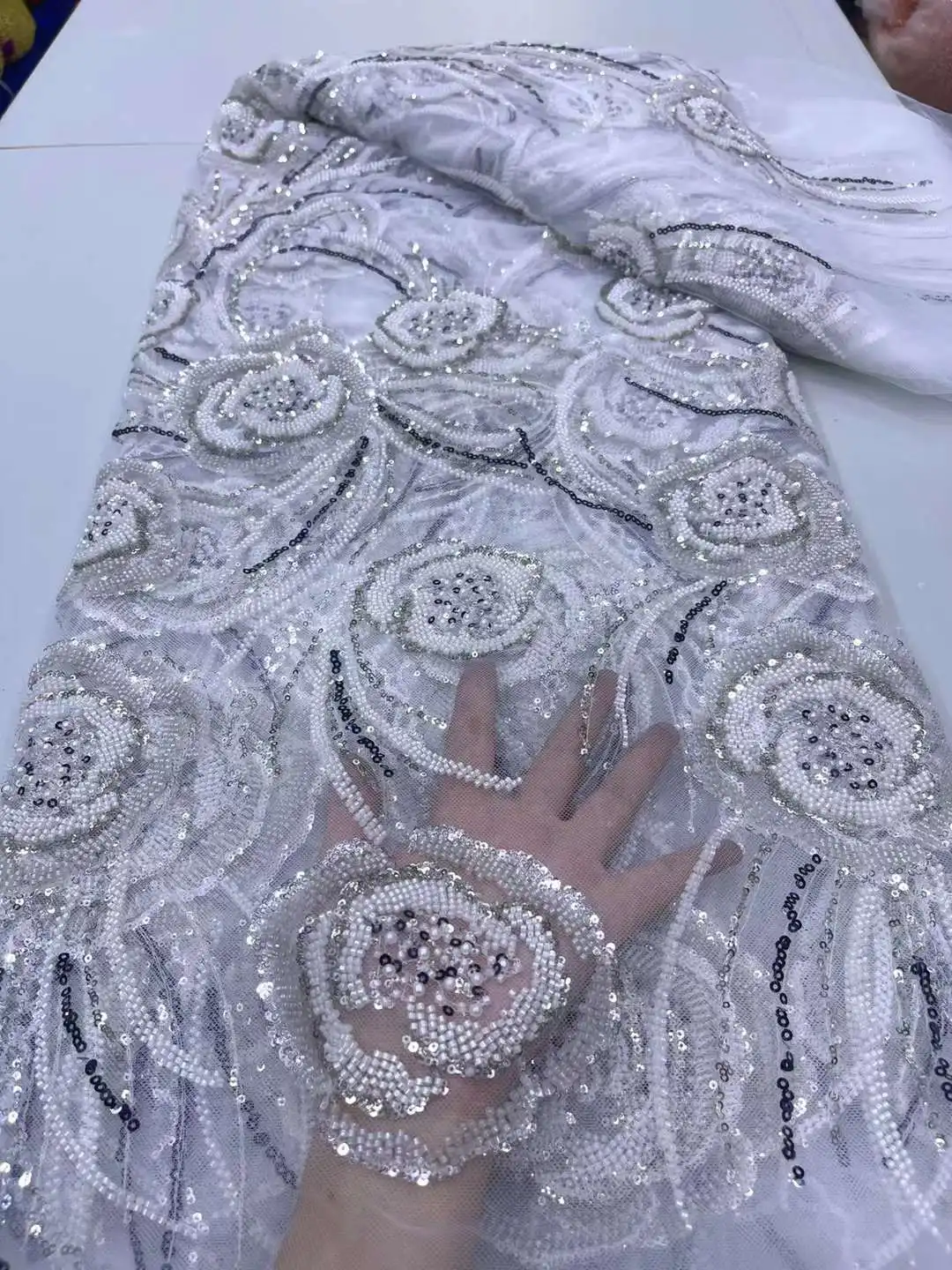 High Fashion Beaded Lace Wedding Luxury Handmade Crystal Beads Fabric Nigerian Sequined Tulle Mesh 2024 African Glitter Sequence