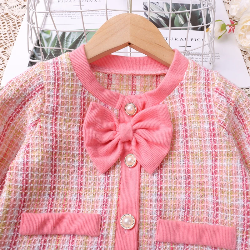 Girl\'s Suit Spring and Autumn Temperament Bow Tie Plaid Single breasted Sweet Princess Set Skirt Vestidos Casual Outfit 2-6Y