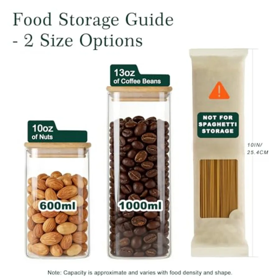 12-Pack Square Glass Storage Jars with Bamboo Lids 0.6Qt/1.06Qt - Stackable Food Containers for Pantry Organization, Coffee, Fl view 3