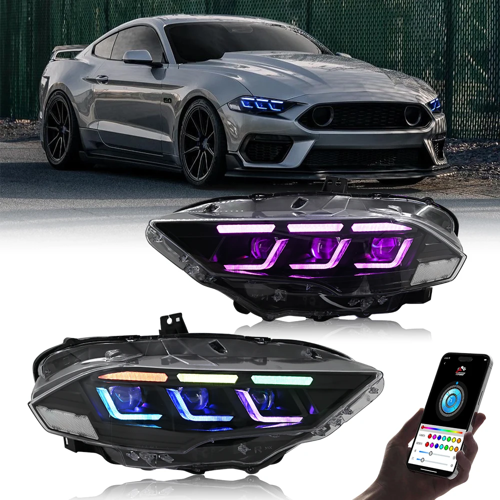

RGB фары для Ford Mustang 2018-2022, пара светодиодных фар в сборе, проектор, автомобильные аксессуары