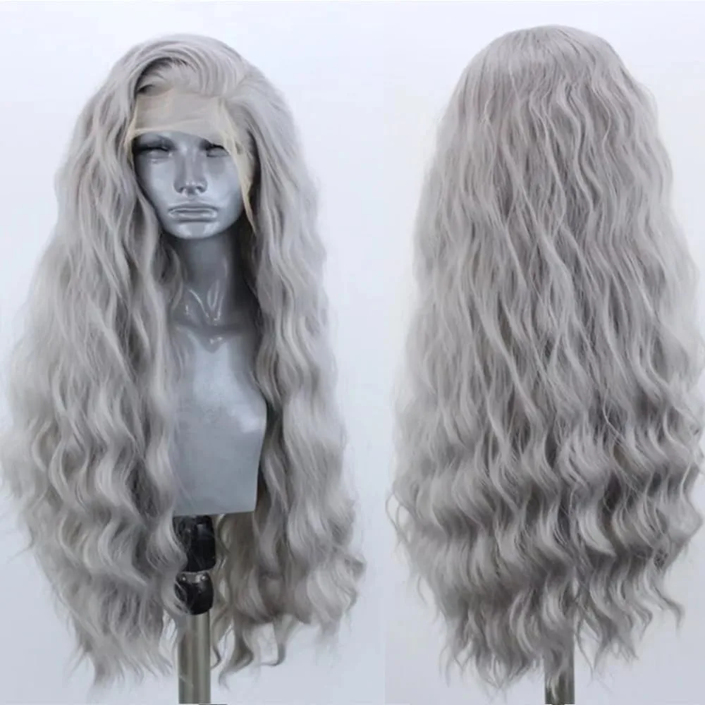 Серебристо-серый/блонд/розовый парик 30-дюймовый средний парик с объемной волной, кружевной фронтальный парик, натуральная линия волос, синтетический термостойкий для женщин