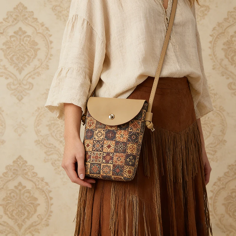 

Small Women's Crossbody Bags New Retro Cork Flower Print Cellphone Bag Ladies Coin Purses Adjustable Shoulder Strap Handbags