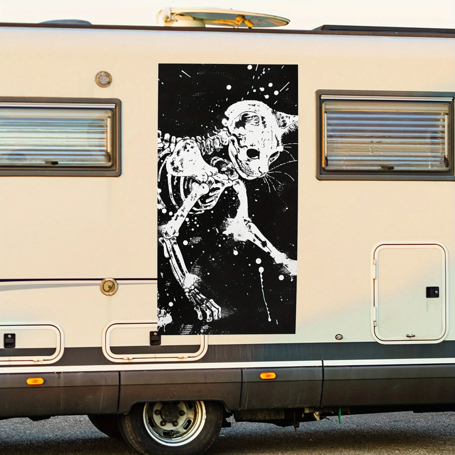 Black Cat Skull Art Motorhome Car Door Sticker PVC Self Waterproof Stick, Striking Auto Exterior Accessories Decor Protect Gift