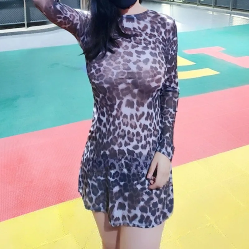 Women's Sexy See Through Leopard Printing Dress Longsleeve Translucent Erotic Long Skirts Girl Slim Fit Fashion Summer Lightwear