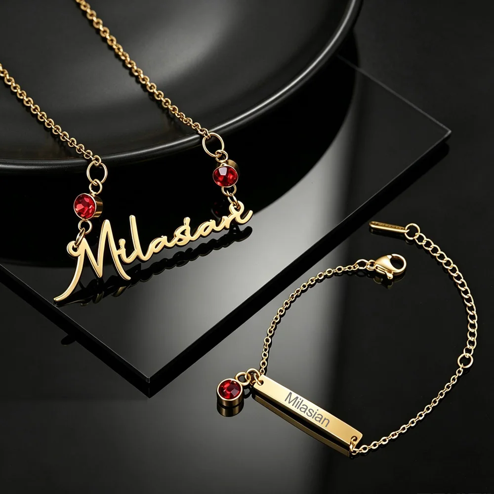 Custom Baby Name Birthstone 35cm Necklace Stainless Steel Personalized Child Name Bar Bracelet Jewelry Set for Kid Birthday Gift