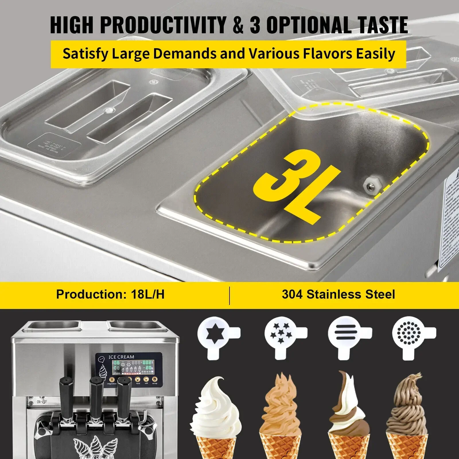 VEVOR ใหม่ Commercial Soft Serve Ice Cream Machine สําหรับขายทอดม้วน Home Instant Ice Cream Machine 220V สแตนเลส