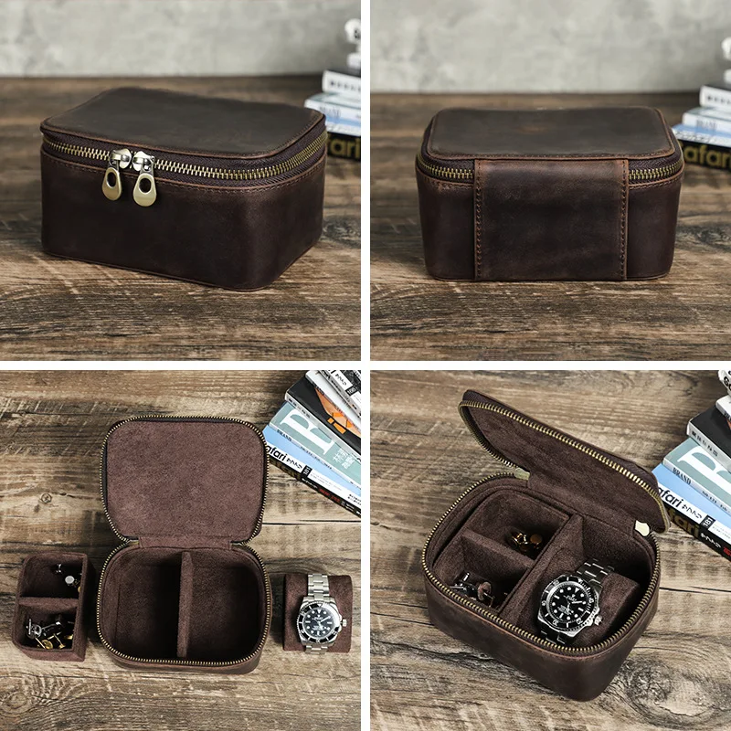 Genuine Cowhide Leather Jewelry Watch Storage Box Vintage Zipper Closure Multi-Compartment Organizer Accessories Watch Case