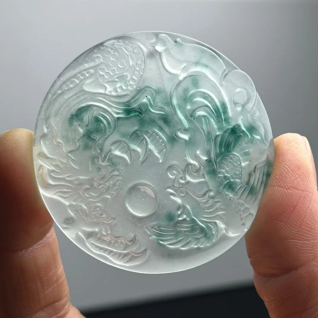 Certified Natural ice White jade Jadeite Carved Dragon&phoenix Pendant&Necklaces view 5