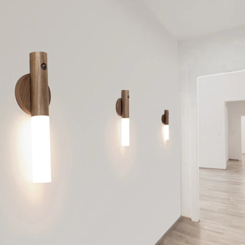 Led Night Light Motion Sensor Usb Charging Hallway Lighting Closet Wall Lamp Imitation Wood Bulb Originality Brief Sense Light