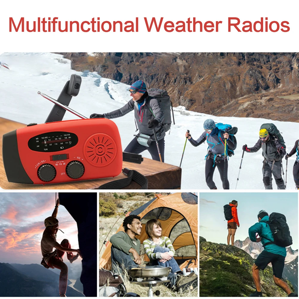 Emergency Radio with LED Flashlight Power Bank 2000mAh Large Capacity Hand Solar Rechargeable Portable FM AM WB Weather Radio