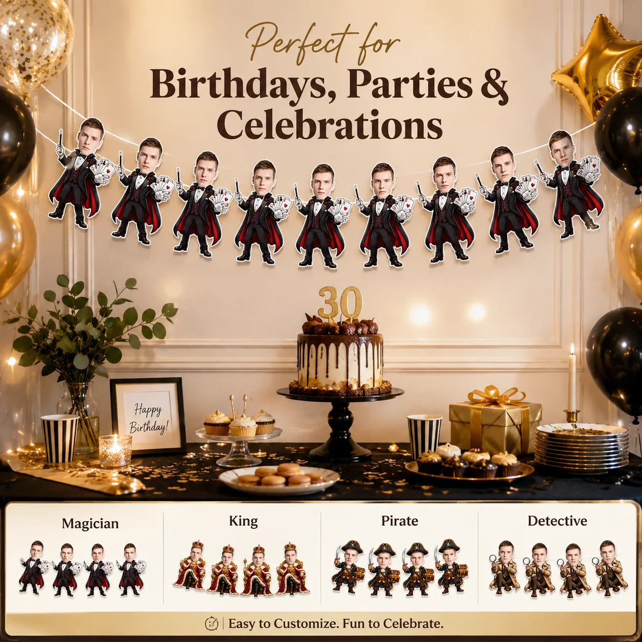 Banderas colgantes personalizadas de cumpleaños de 21/15 cm, 1 juego de 6 banderas del mismo estilo, con pirata, mago, emperador, detective en 4 estilos, permite cambiar la imagen, adecuadas para diversas escenas temáticas de cumpleaños
