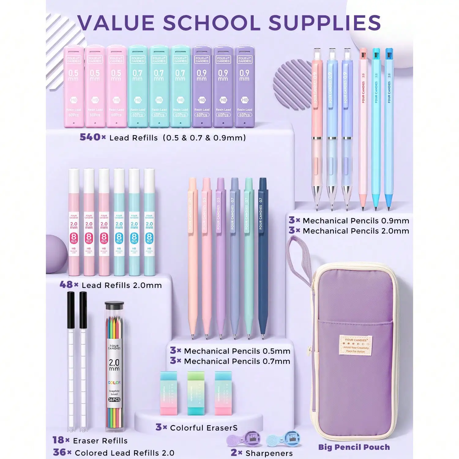 مجموعة أقلام رصاص ميكانيكية من فور كاندي (36 قطعة) - 4 مقاسات + 624 عبوة، هدية للكتابة/الرسم للعودة إلى المدرسة #2
