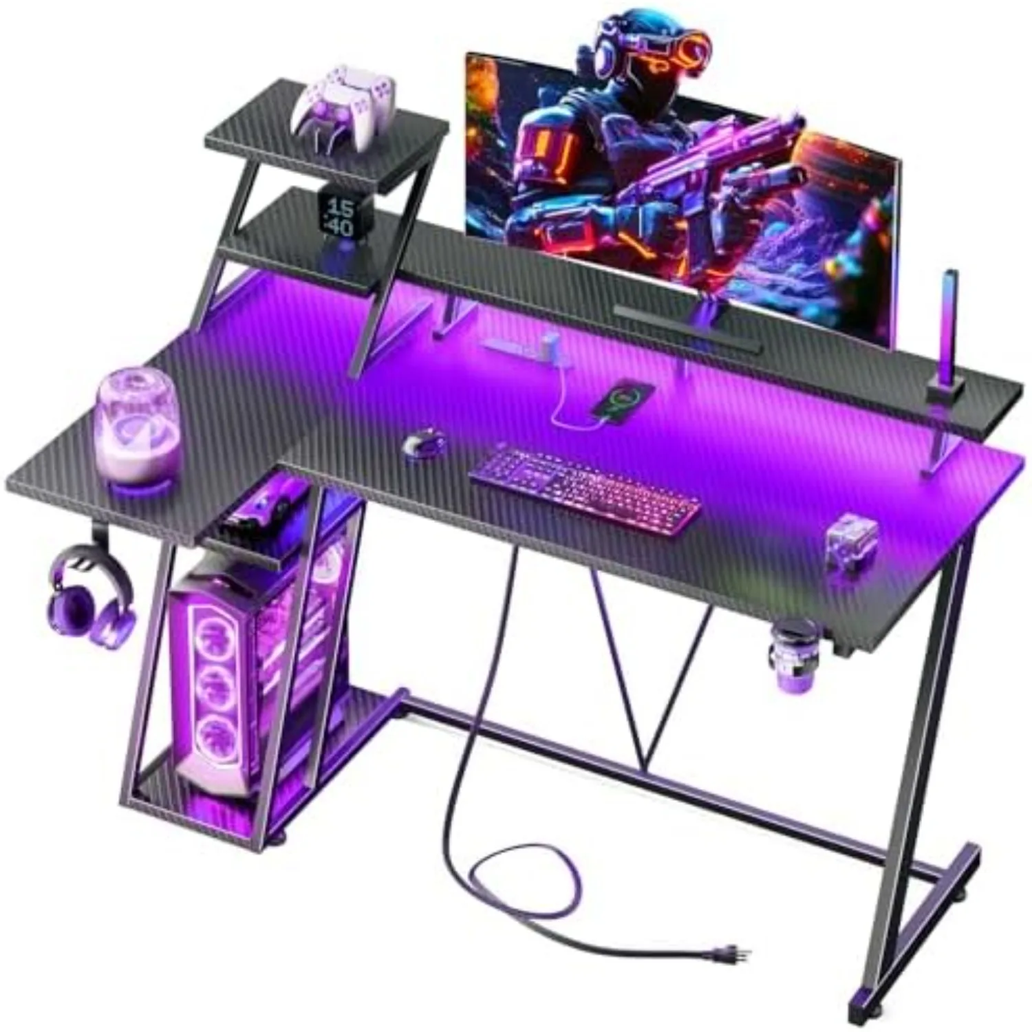 40 Inch Gaming Desk with LED Lights & Power Outlet, L Shaped Computer Gaming Table with Storage Shelves, Reversible