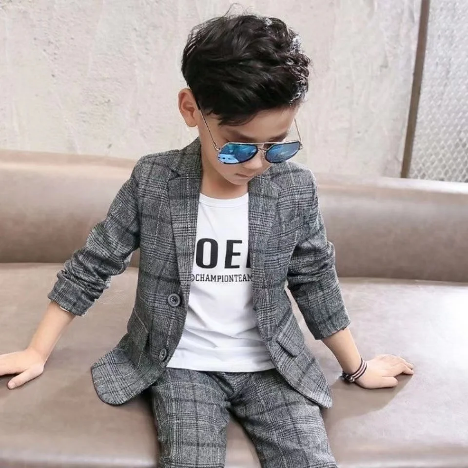 2024 New Autumn spring Baby Boys Clothes Set Plaid Gentleman Top Jacket + Pants Outfits Suit Teenager 4 5 6 7 8 9 10 11 12 Year