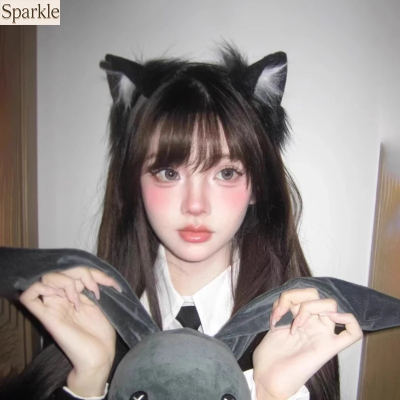 

Fluffy Black Cat Ear Headband White Accents Cute Kitty Cosplay Furry Hair Accessory Kawaii Lolita KC Hair Hoop Hairpin For Women