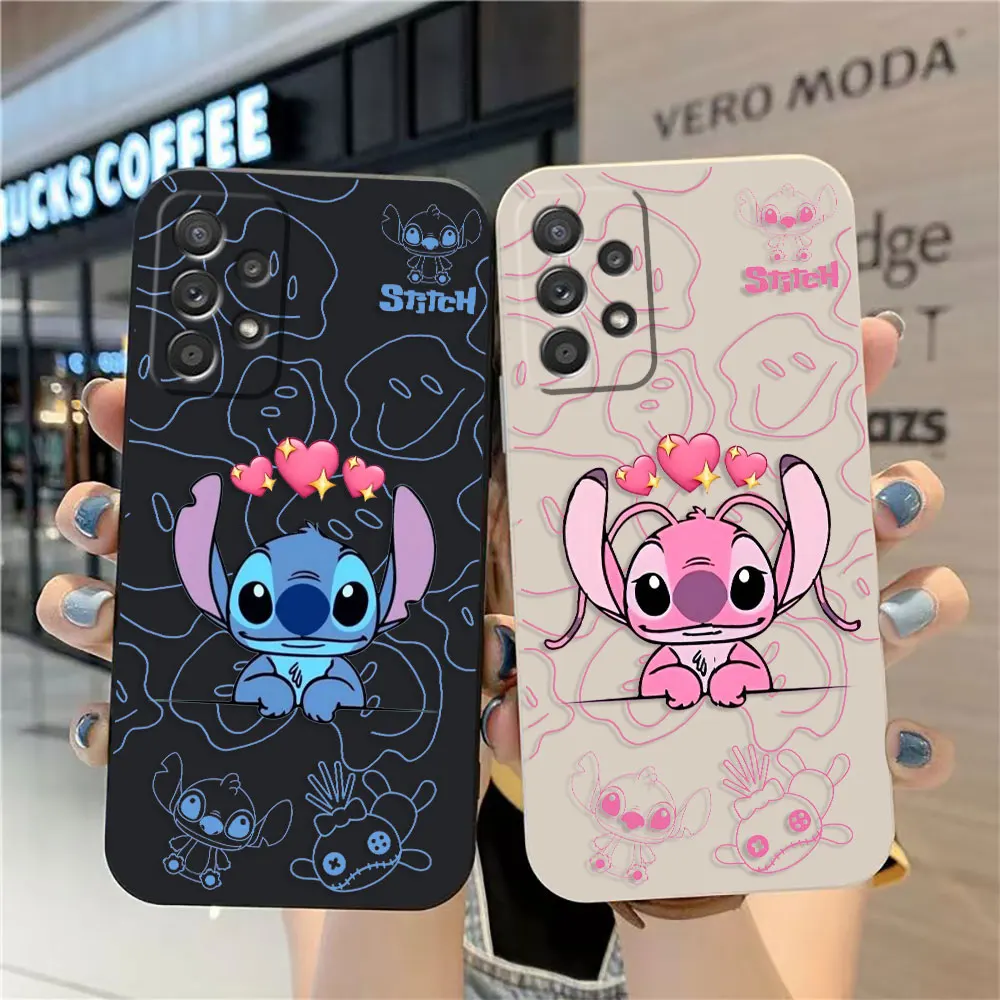 Case For Samsung Galaxy A91 A73 A72 A71 A53 A52 A51 A42 A33 AO3S 4G 5G Simple Liquid silicone Case Lilo And Stitch Angel Couple