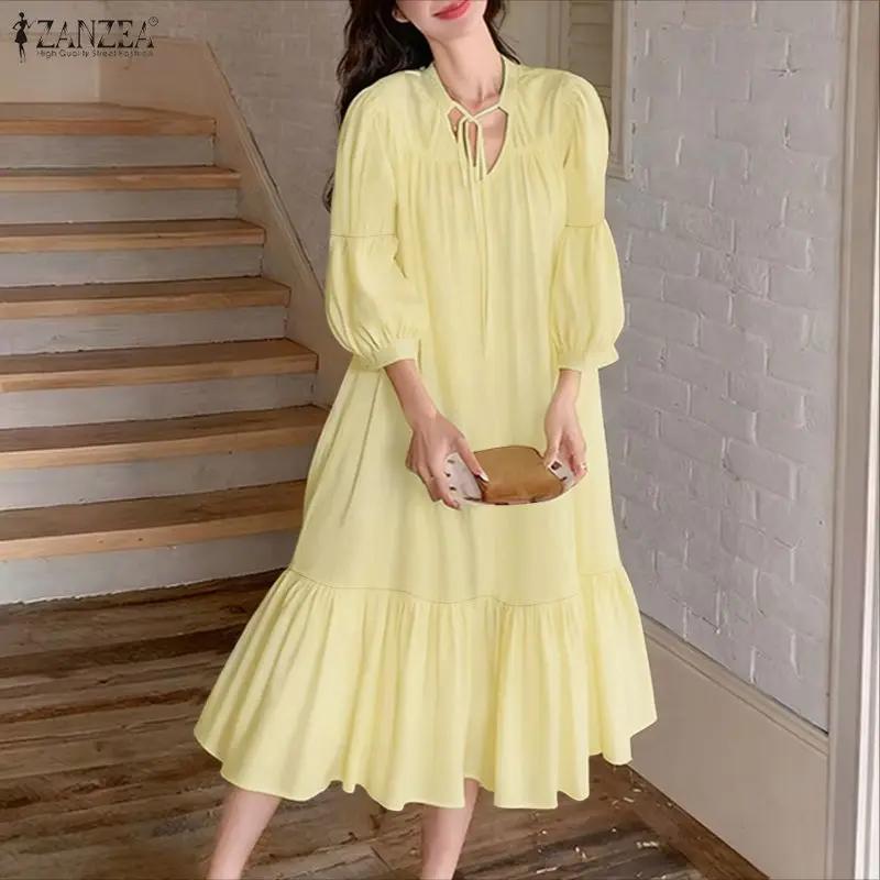 ZANZEA Fashion Long Shirt Dresses Women Elegant OL Office Streetwear Midi Sundress Summer Autumn Puff Sleeve Bandage Party Robe