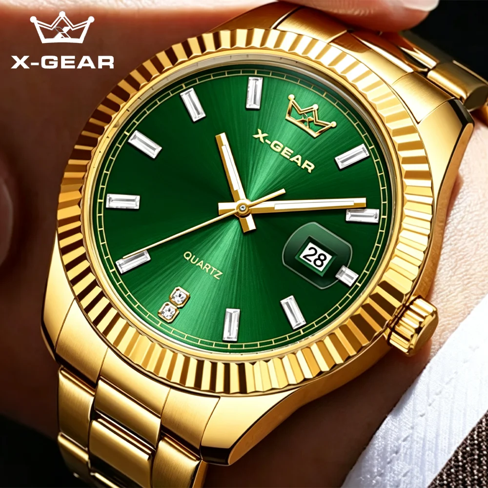 Gold Stainless Steel Men's Quartz Watch Waterproof with Calendar Feature Fashionable Timepiece for Men