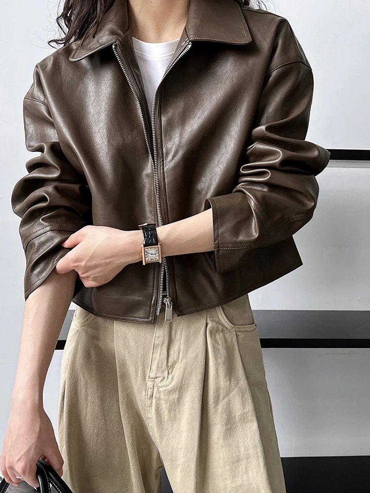 [EAM] PU Leather Brown Big Size Casual Short Jacket New Lapel Long Sleeve Women Coat Fashion Tide Spring Autumn 2024 1DH6650