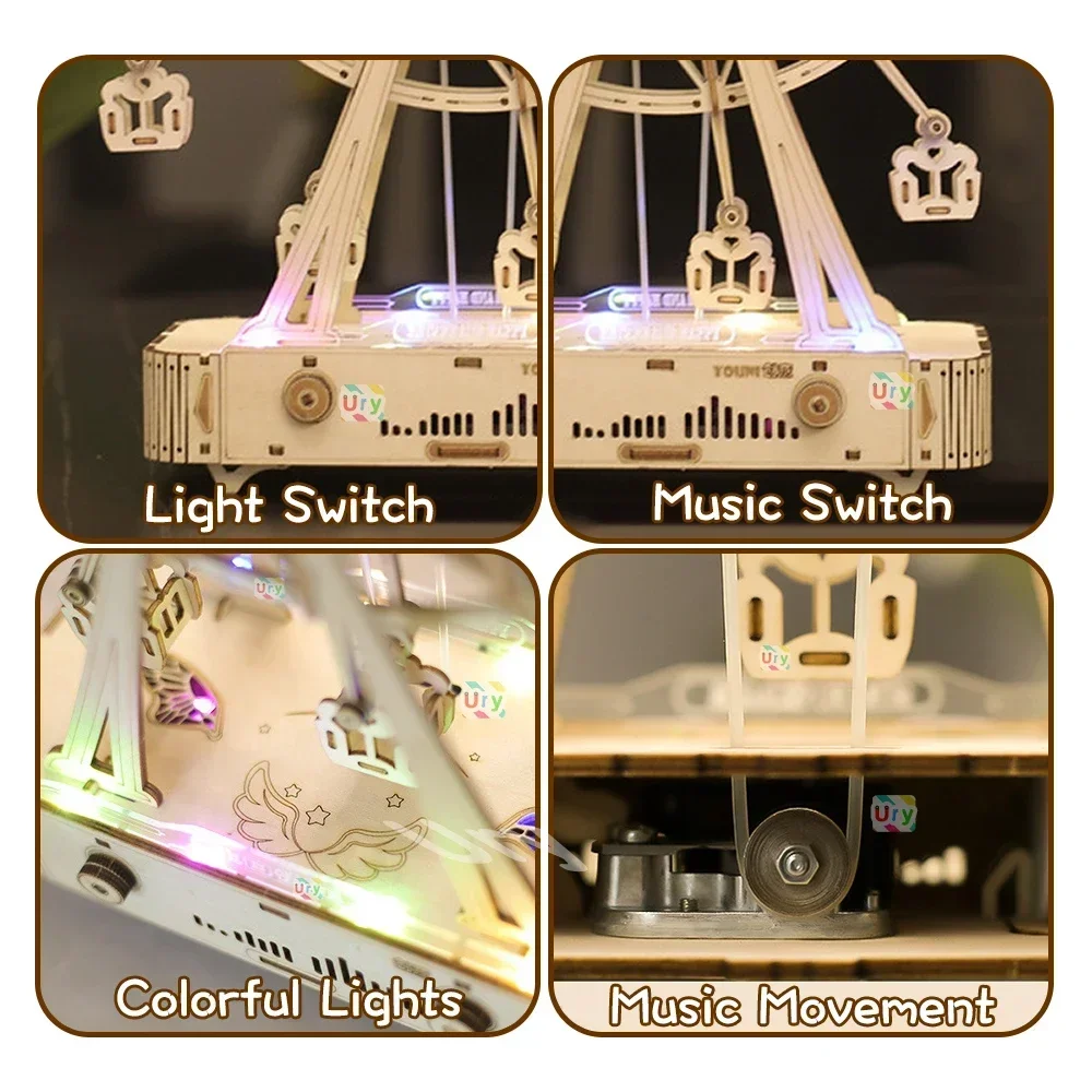 Ury 3D Wooden Puzzles Colorful Led Rotatable Ferris Wheel Music Octave Box Mechanical Kit Assembly Decor DIY Gift for Kid Adult