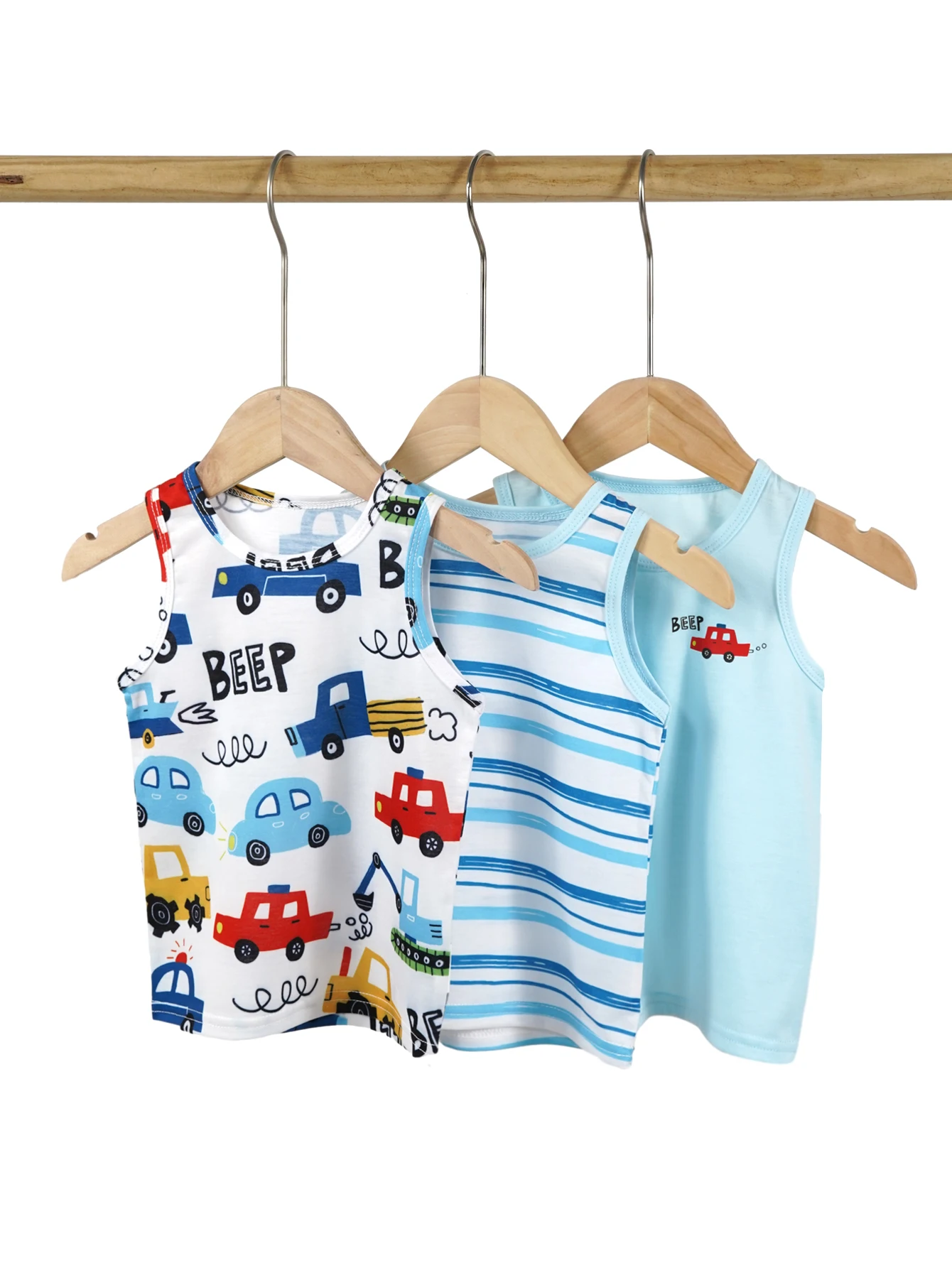 Baby Three Piece Tank Top 2024 Summer Sleeveless T-shirt for Boys Cute Cartoon Pattern Car+ Stripes+ Solid Color 3 Pcs Pajamas