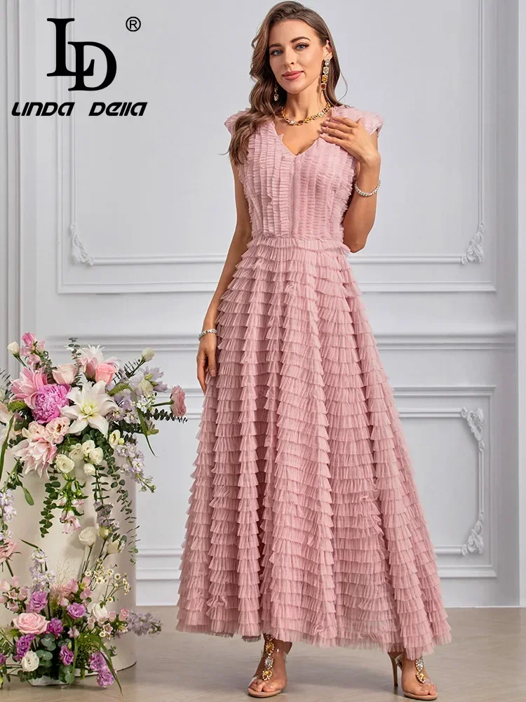 LD LINDA DELLA Summer Runway Vacation Dress Women's Vintage Temperament Solid Color Net Yarn Cascading Ruffle Sleeveless Dresses