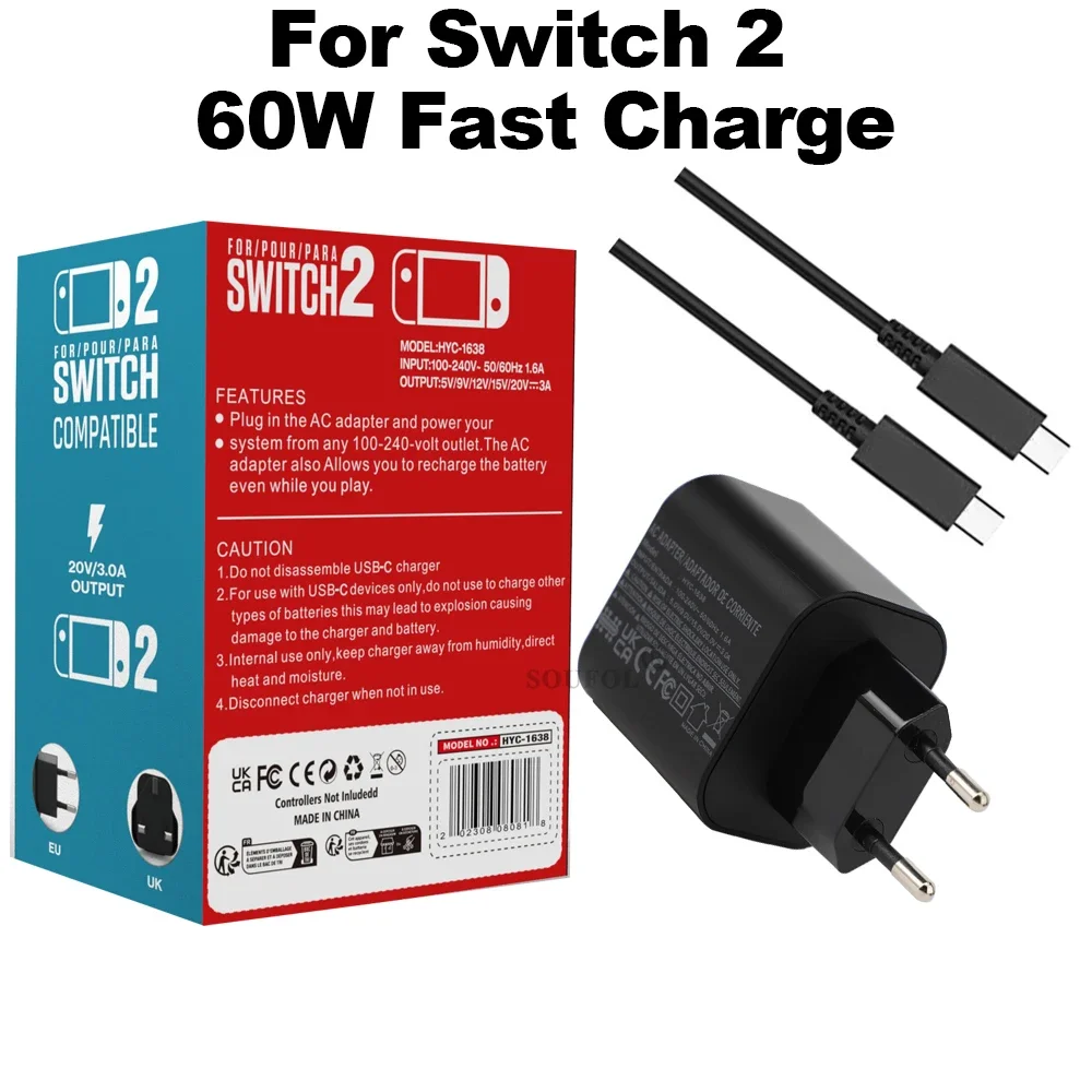 

2025 НОВЫЙ адаптер питания переменного тока для NS Switch 2 с кабелем USB TypeC, адаптер питания 60 Вт, быстрая зарядка для Switch 2, дропшиппинг