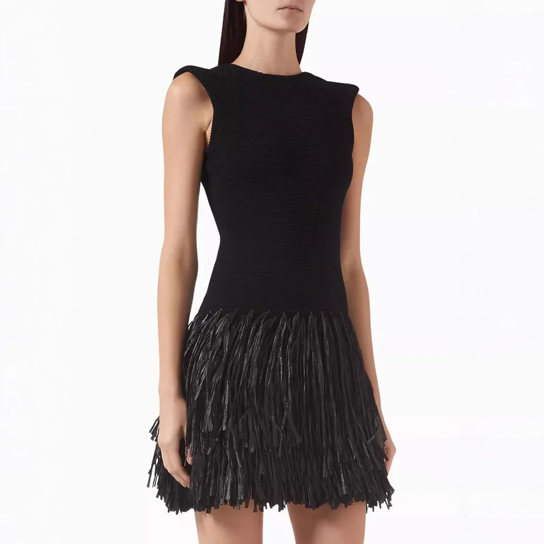 Moroder 2025 Vestido sin espalda con borlas y dobladillo de fiesta sin mangas con cuello redondo y moda para mujer