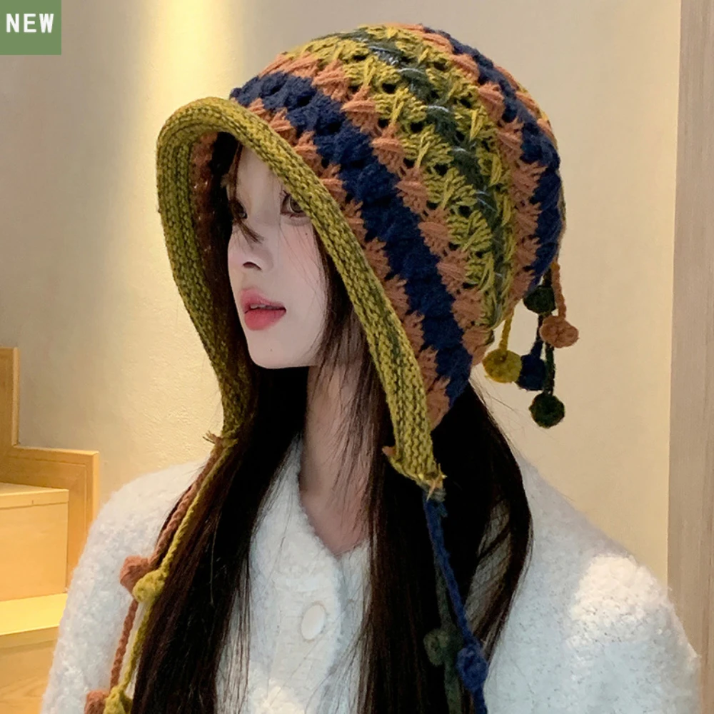 HT4249 Fashion Knitted Hat Women Autumn Winter Skullies Beanies Ladies Colorful Earflap Cap Female Handmade Tassels Beanie Hat