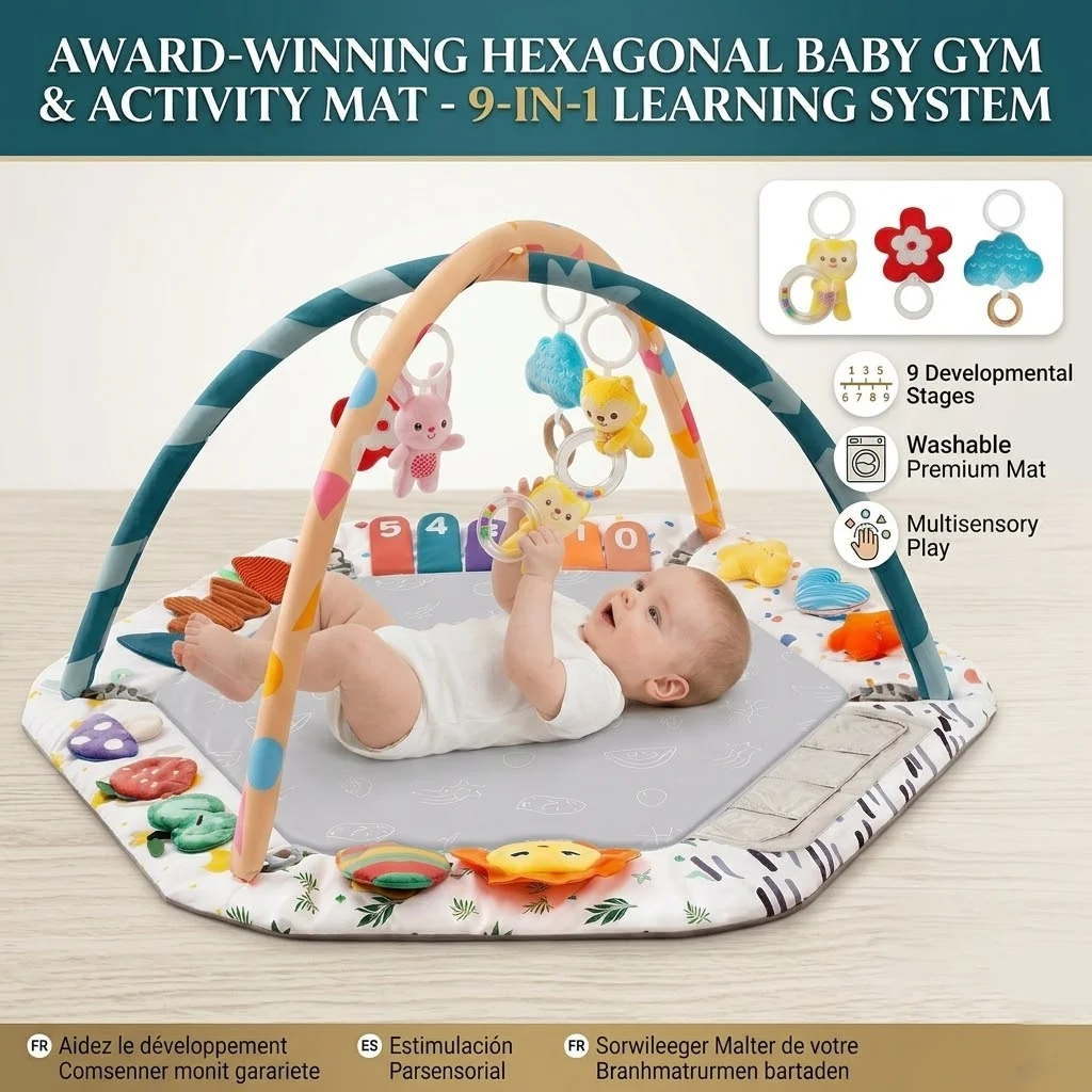 

Large Baby Play Gym Mat with Sensory Toys 0-18 Months Tummy Time Activity Center with Rattles & Mirror Educational Infant Gift