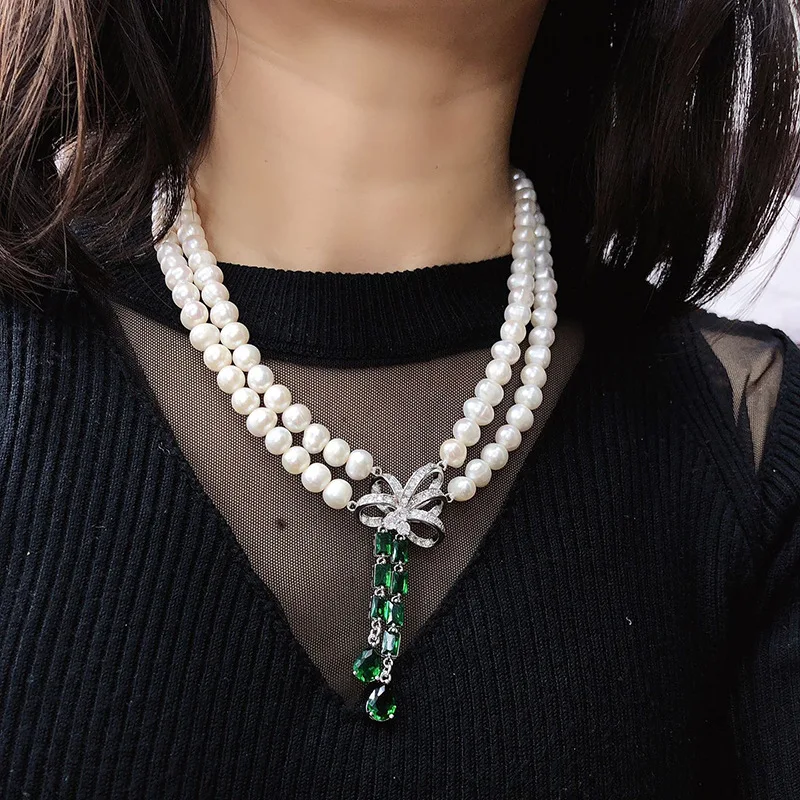 

Zhuji Natural Freshwater Pearl Necklace for Women Fashionable Versatile Double Layer Matching Emerald Green