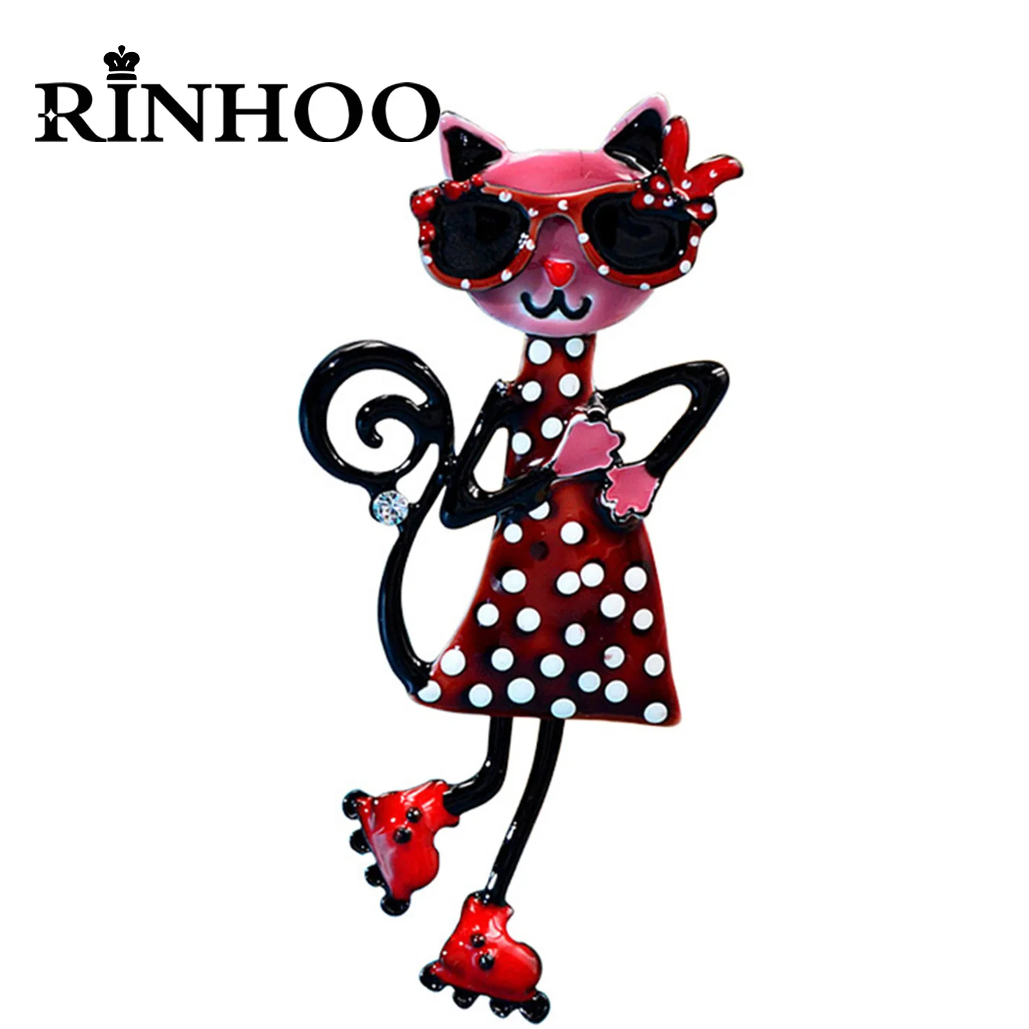 Rinhoo Cute Sexy Wearing Sunglasses Cat Brooches For Women Fashion Red Enamel Bowknot Animal Kitten Lapel Pins Clothing Jewelry