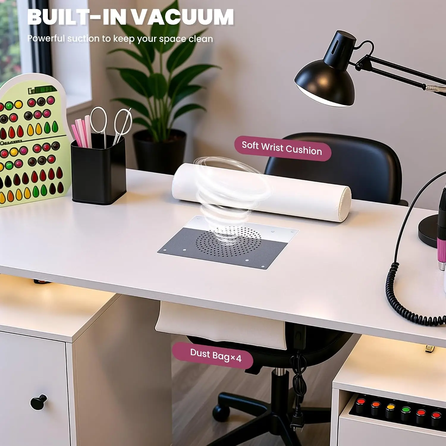 Manicure Table w/Dust Collector, Lockable Wheels, Storage Drawers, Wrist Cushion, Acetone Resistant, for Nail Salon, Customized