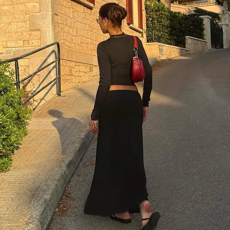 Setelan Dua Potong Tornova Lace T-shirt dan Rok Wanita Seksi dengan Atasan Slim Plunge dan Rok Panjang Pinggang Tinggi yang Elegan untuk Liburan