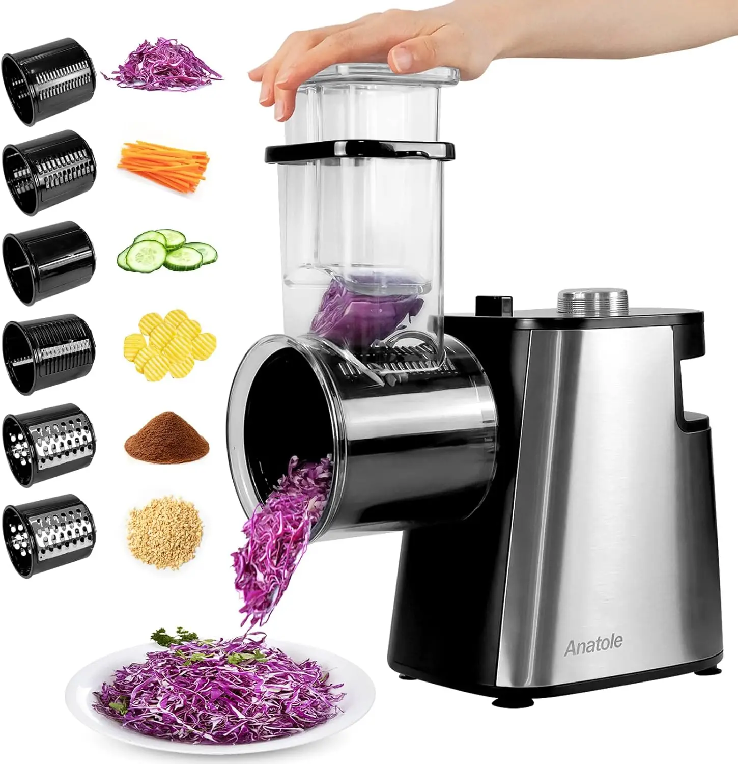 

Electric Cheese Grater Stainless Steel Vegetable Shredder 6 Blades 250W Large Inlet Outlet BPA-Free 110V