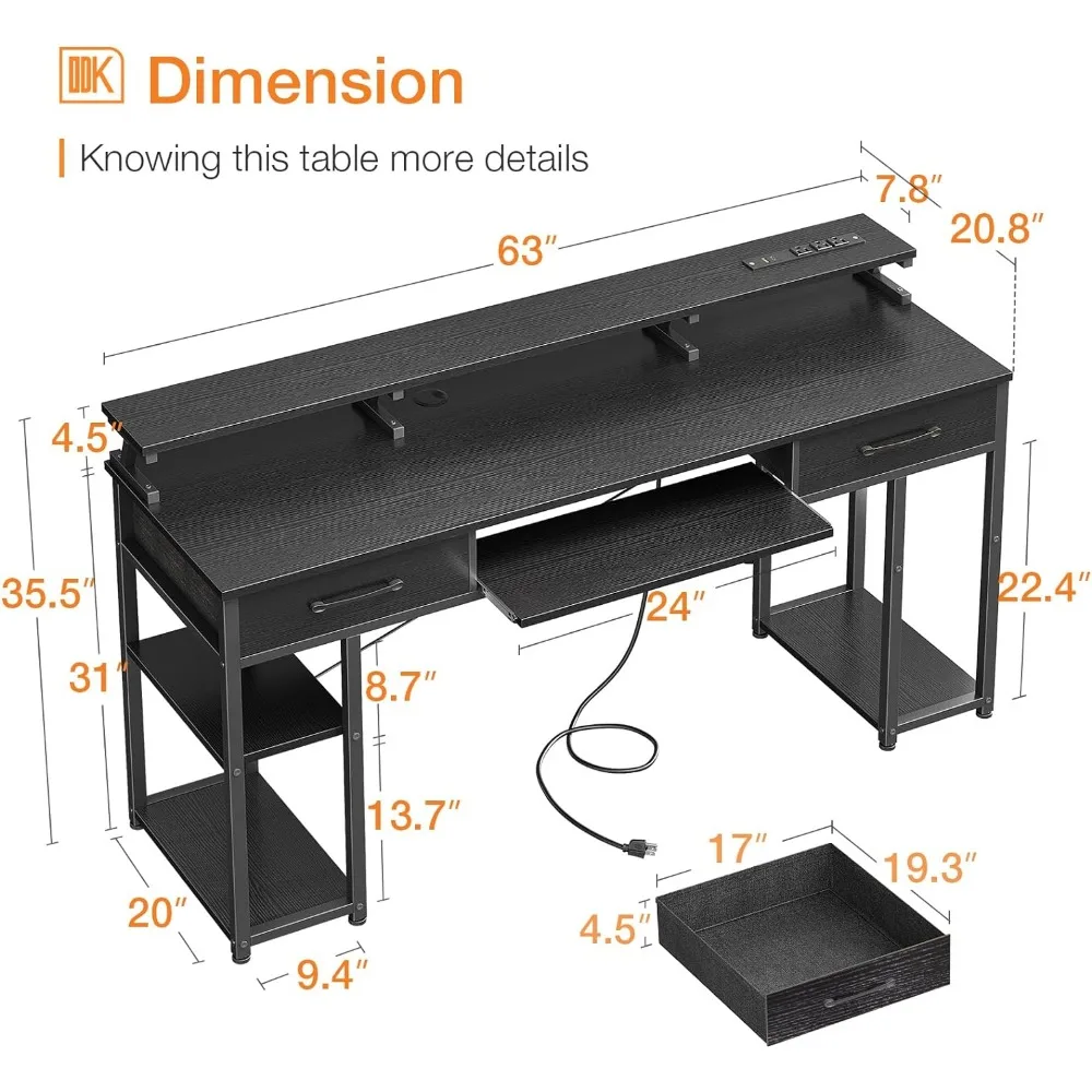 63 Inch Computer Office Desk with USB Charging Port and Keyboard Tray with 2 Drawers and Monitor CPU Stand and Removable Shelf