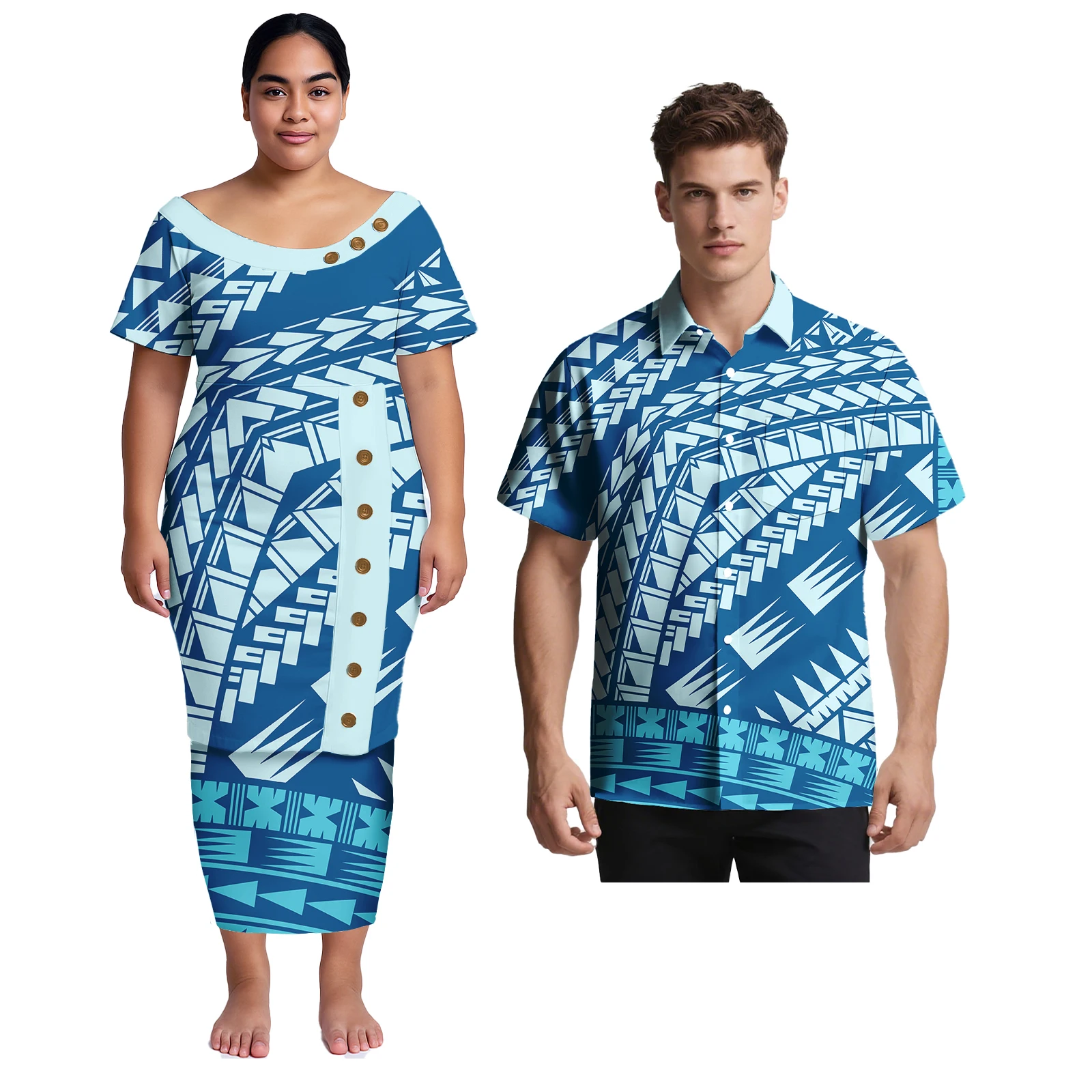 Coppia di abbigliamento polinesiano Abito da sera da donna Abito tribale samoano Abiti da donna Puletasi e camicie Aloha