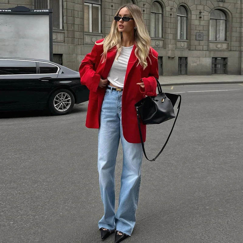 DGLUKE, chaqueta roja de gran tamaño para mujer, novedad de 2024, abrigos y chaquetas, chaqueta informal holgada de un solo pecho para mujer,