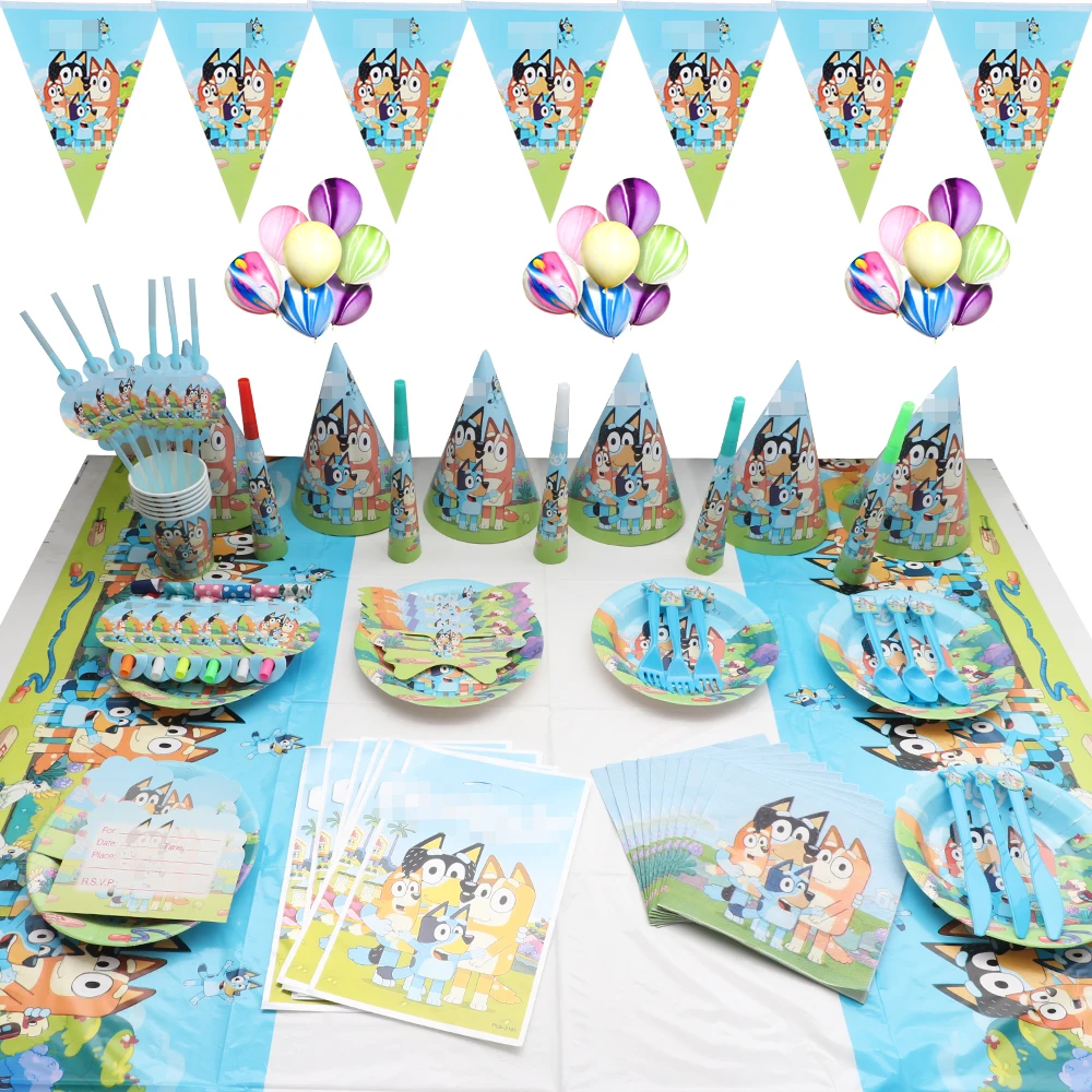 Bluey Bingo chien dessin animé ballon jetable fête d'anniversaire vaisselle toile de fond trompette chapeau fournitures de fête Bluey bébé douche Bluey