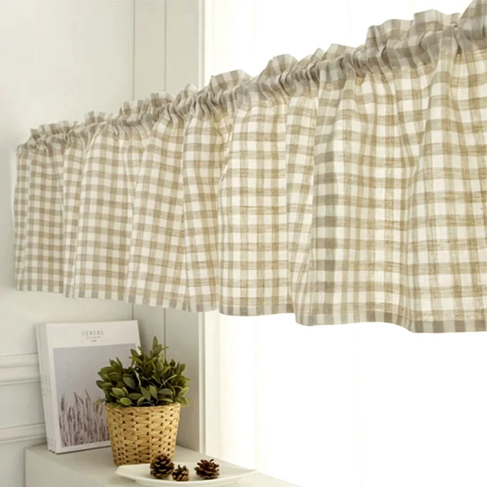Beige Gingham Cafe Curtain Short Window Drapes Valance for Kitchen Bookshelf Farmhouse Light Filtering Rustic Decor